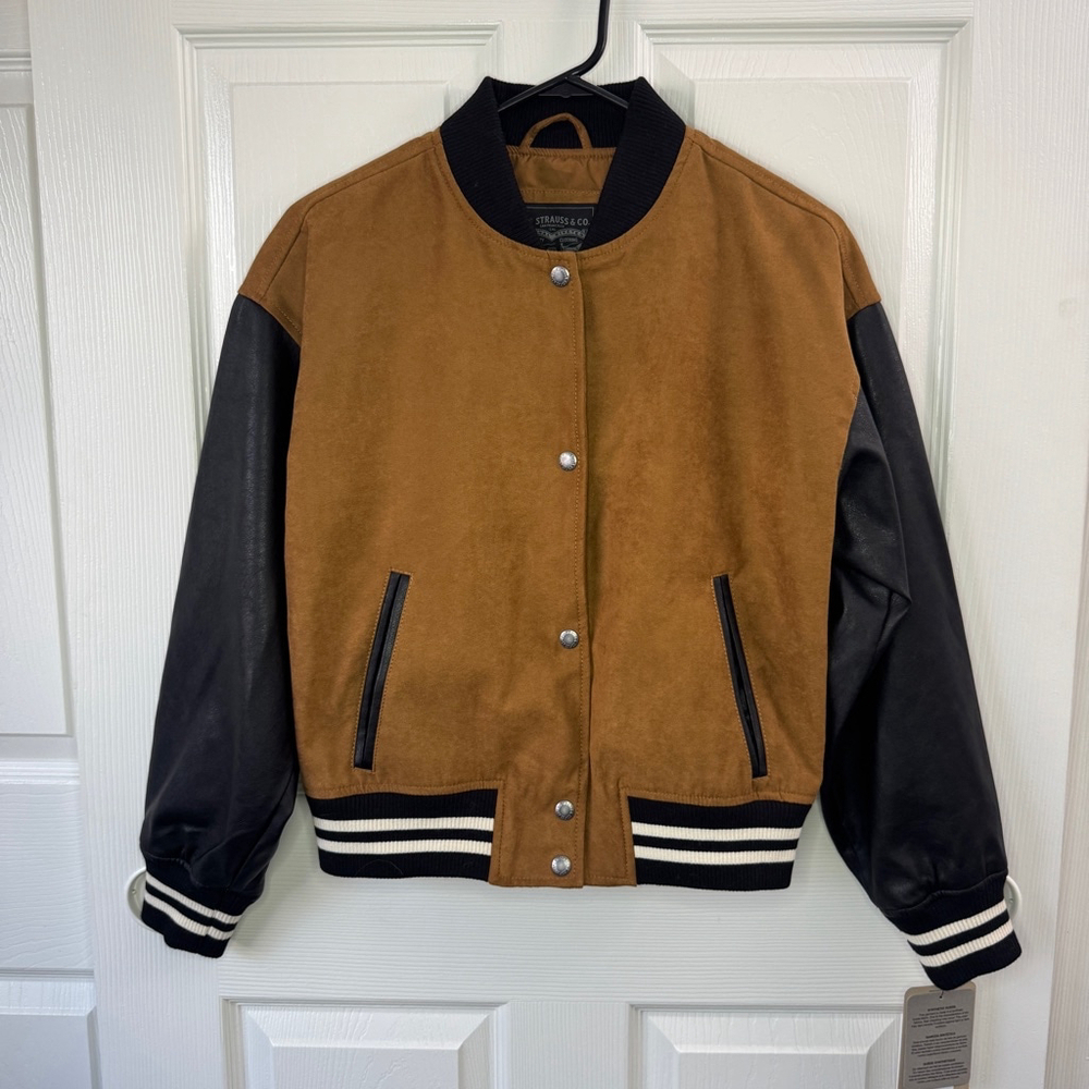 Levi’s Women's Mixed Media Varsity Bomber Jacket, Tan NWT XS
